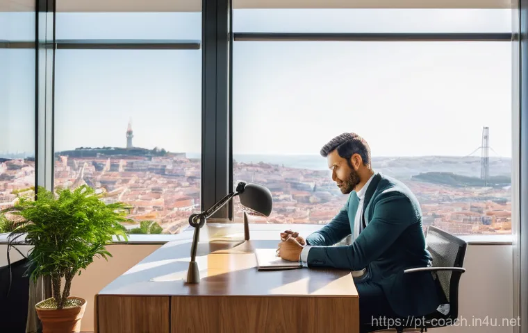 스포츠지도사 이직 성공담 인터뷰 - A Portuguese man in his late 30s, wearing a smart but slightly restrictive business shirt and trouse...