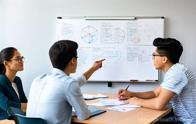 스포츠지도사 필기시험 스터디 그룹 운영 - **Prompt:** A diverse group of four young adults, aged 20-25, intensely focused around a large white...