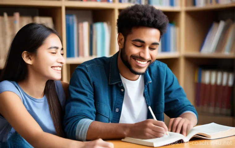 스포츠지도사 필기시험 스터디 그룹 운영 - **Prompt:** A diverse group of four young adults, aged 20-25, intensely focused around a large white...