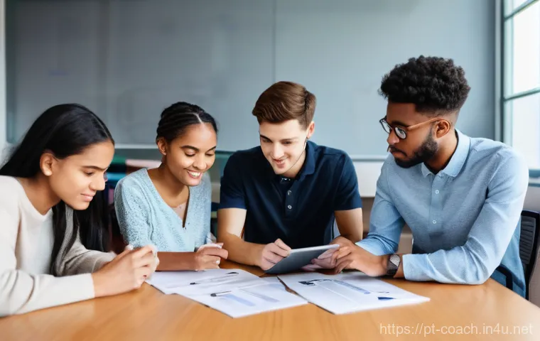 스포츠지도사 필기시험 스터디 그룹 운영 - **Prompt:** A cozy and supportive scene depicting a study group of three young adults, aged 20-25, i...