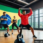 Home 21 스포츠지도사 관련 대회 및 세미나 - A vibrant professional workshop scene set in a modern gym in Brazil, featuring a diverse group of fi...