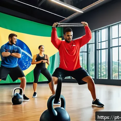 Home 33 스포츠지도사 관련 대회 및 세미나 - A vibrant professional workshop scene set in a modern gym in Brazil, featuring a diverse group of fi...