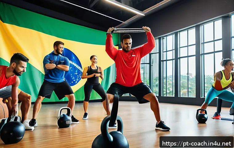 스포츠지도사 관련 대회 및 세미나 - A vibrant professional workshop scene set in a modern gym in Brazil, featuring a diverse group of fi...