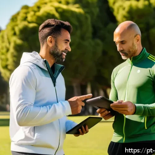 Home 32 스포츠지도사 연봉 및 직업 전망 - A modern Portuguese sports coach conducting a personalized outdoor training session with an adult cl...