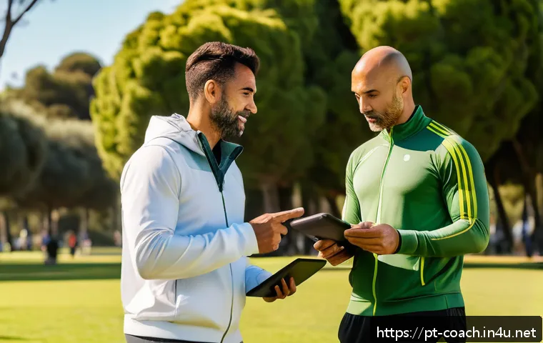 스포츠지도사 연봉 및 직업 전망 - A modern Portuguese sports coach conducting a personalized outdoor training session with an adult cl...