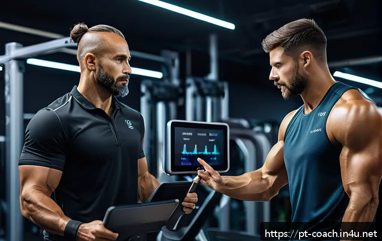 스포츠지도사와 체력관리 전문가의 협업 - A professional fitness trainer and a sports conditioning specialist collaborating in a modern gym en...