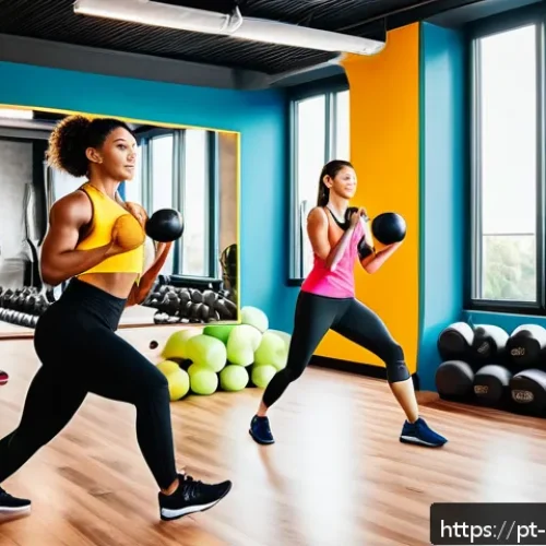 Home 30 스포츠지도사로 학원 강사가 되는 법 - A modern fitness studio interior during a lively group HIIT class, featuring diverse adult participa...