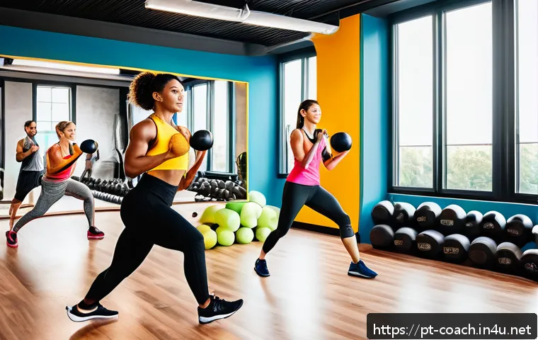 스포츠지도사로 학원 강사가 되는 법 - A modern fitness studio interior during a lively group HIIT class, featuring diverse adult participa...