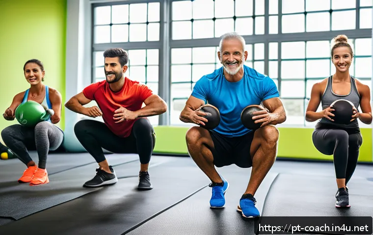 스포츠지도사 실무 사례 모음 - A diverse group fitness class in a modern Brazilian gym setting, featuring male and female participa...