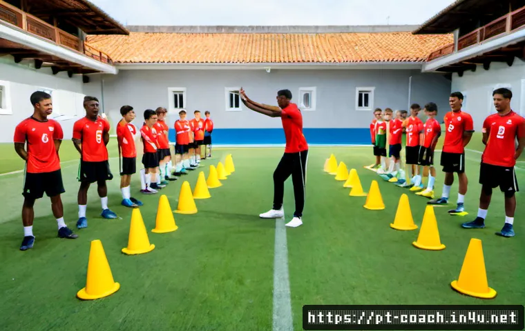 Home 17 스포츠지도사와 필수 코칭 자격증 비교 - Photorealistic split-scene comparison in a modern Portuguese sports training center: on the left, a ...
