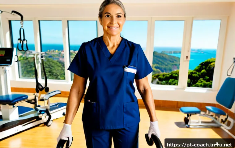 스포츠지도사로 병원 체력관리사 되는 법 - Photorealistic Brazilian hospital rehabilitation gym, a certified-looking fitness professional in mo...