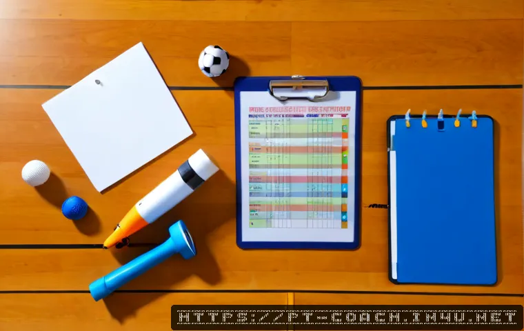 스포츠지도사 실기시험 필수 장비 - Photorealistic flat lay of essential practical sports coaching assessment equipment arranged neatly ...