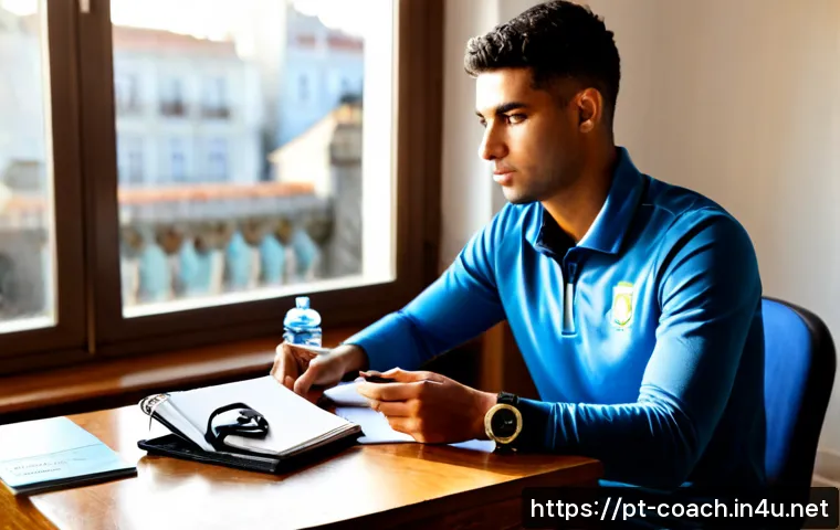 Home 17 스포츠지도사 자격증 공부 루틴 - Photorealistic morning study routine for a Portuguese sports coaching certification candidate, focus...